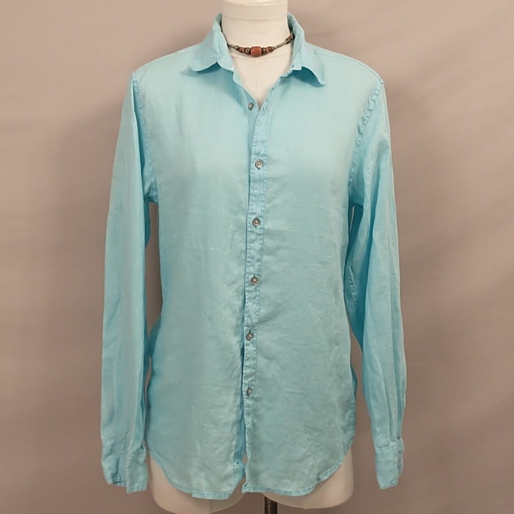 Cerulean Blue 100% Linen Shirt DKNY Lightweight Quality Button Down Long Sleeve